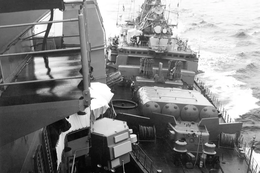 The Soviet frigate Bezzavetnyy striking USS Yorktown (CG-48) in the Black Sea, February 1988